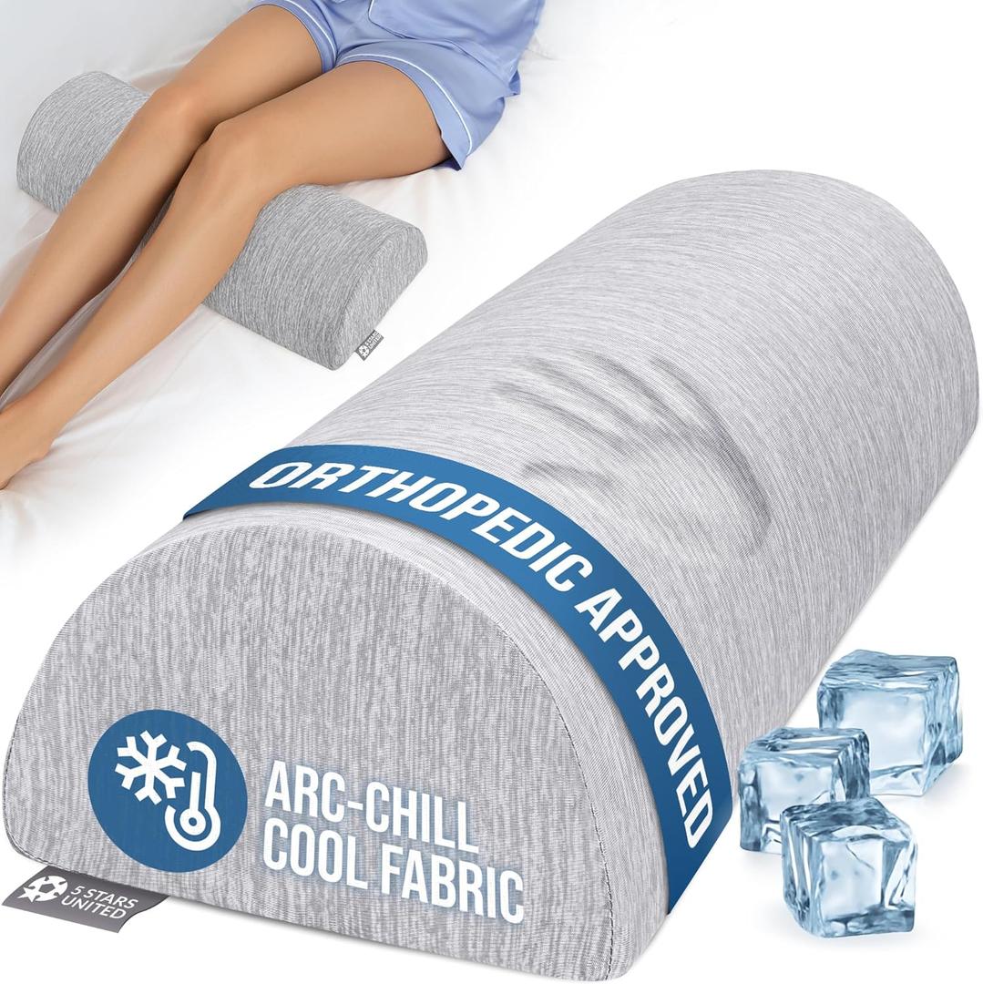 5 STARS UNITED Knee Pillow for Back Sleeping  Cooling Cover - Memory Foam Cushion for Sciatica Pain Relief  Under Leg Support for Sleeping on Back  Half Moon Bolster for Bed, Arctic Gray