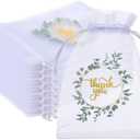 JOUTYFOR  Love Is Sweet Organza Bags for Wedding Treat 4 x 6 Inch Wedding Favor Candy Gift Bags Bulk Small Sheer Eucalyptus Leave Jewelry mesh pouches with Drawstring for Baby Shower Supply