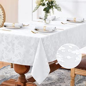 Romanstile Jacquard Rectangle Tablecloth - Waterproof Damask Floral Pattern Decorative Table Cloths Heavy Weight Fabric Table Covers for Dinner/Parties/Outdoor - 60 x 120 Inch, White