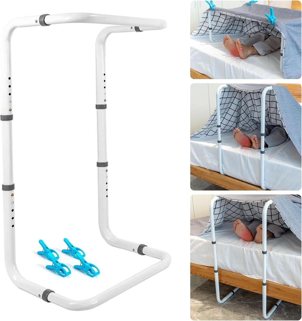 Blanket Lifter for Feet, Bed Cradle for Foot of Bed Adjustable Height, Blanket Lift Bar for Toes Leg Knee Ankle Post Surgery Recovery Bed Rails, Sheet Raiser Foot Tent for End, Included 4 Clips