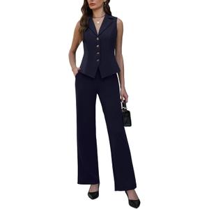 Agenlulu Women's 2 Piece Suits Sleeveless V Neck Outfits Summer Vest Blazer with Straight Leg Pants Business Casual Sets Navy Blue (M)