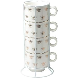 Stackable Porcelain Coffee Tea Mug 10-Ounce Set of 4 With Metal Stand (Gold Bees)