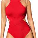 OQQ Women's One Piece Swimsuits Tummy Control High Waisted Cross Bathing Suit Wrap Tie Back 1 Piece Swimwear Large, Red