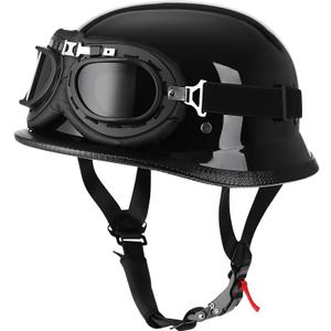 Yesmotor Helmet Half Shell German Motorcycle Helmet with Cycling Glasses - DOT Approved (XX-Large, Light Black & Black)
