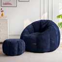 MAXYOYO Giant Bean Bag Chair with Ottoman, Pumpkin-Shaped Bean Bag Sofa with Footstool, Oversized Boneless Couch Chair in a Box, Comfy and Lazy Lounge for Dorm, Living Room, Bedroom, Navy
