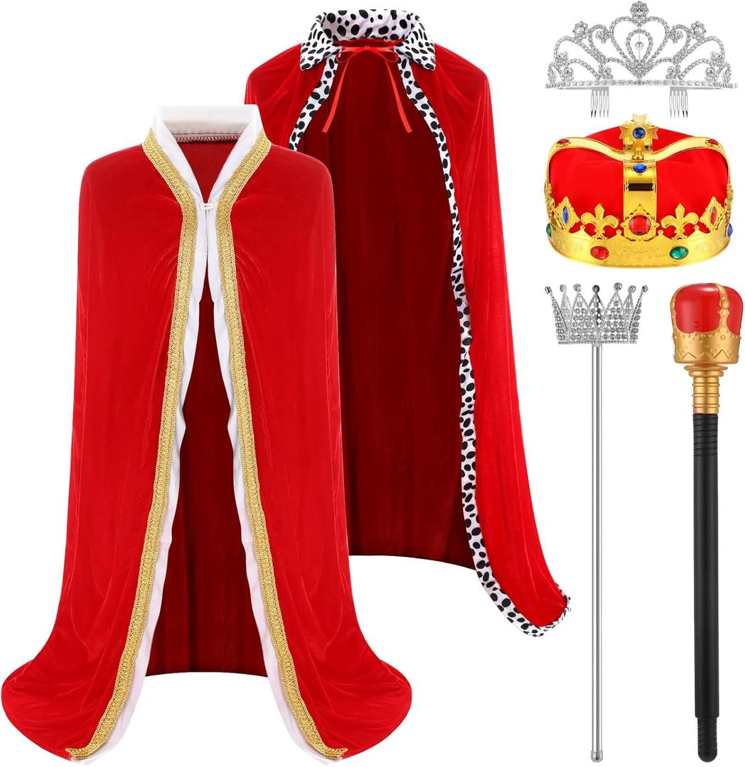 Tisancy 6 Pcs Lord Queen Costume Set Red Emperor and Queen Cape Robe Crown Scepter Medieval Adult Cosplay Costume Set(Classic Style)