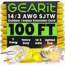 GEARit 100 Ft Extension Cords 14/3 Gauge Outdoor/Indoor SJTW 14 AWG 3 Prong Heavy Duty Power Cable 13A 125V 1625W for Lawn, Garden, Appliances Yellow