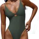 LASLULU Women's Sexy One Piece Swimsuits V Neck Padded Bathing Suit Modest Front Cutout Open Back Slimming Swimsuit (Green, L)