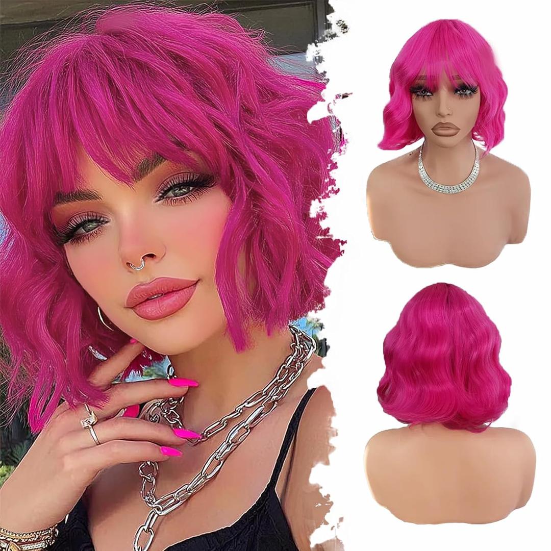 Hot Pink Wig with Bangs Short Bob Wig Pink Wigs for Women Wavy Wig Curly 12Inch Synthetic Wigs Cosplay Wig Bright Pink Wigs Natural Hair Replacement Wigs for Girl Daily Party Colorful Wigs Costume Use