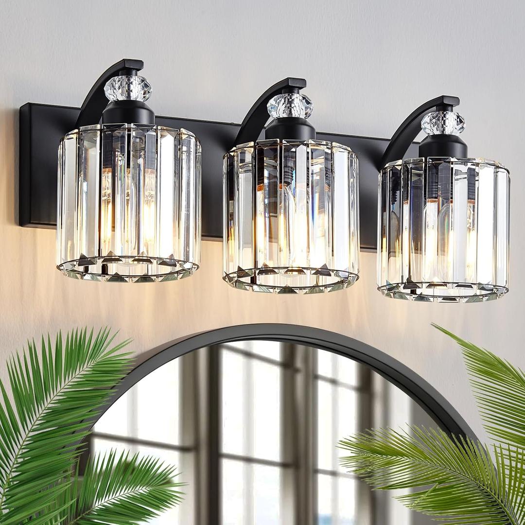 3-Light Black Bathroom Light Fixture Modern Vanity Lights Over Mirror Vintage Wall Sconce Lighting for Bathroom, Bedroom, Living Room, Hallway E26 Base with Crystal Bathroom Vanity Light