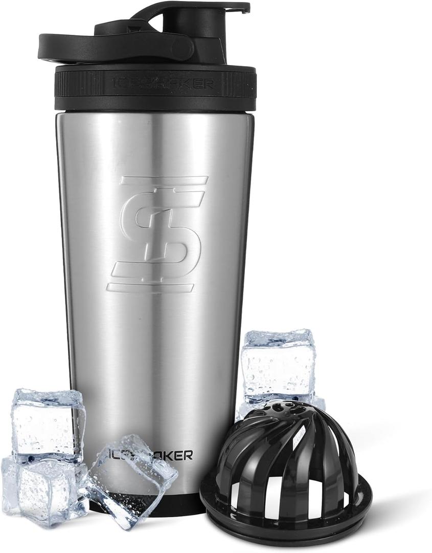 Ice Shaker Insulated Stainless Steel Shaker Bottle | 26oz, Stainles Steel| Cold for 30+ Hours |Insulated Cup with Twist-on Agitator |Odor-Free Bottle for Protein Shakes, Water, Smoothies, Cocktails