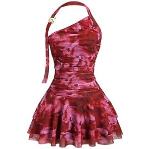 SOLY HUX Women's Floral Print Halter Flowy Mini Dress Backless Ruffle Beach Birthday Dresses Date Outfits L