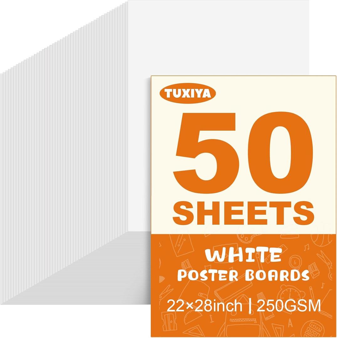 TUXIYA 50 Pack White Poster Board,22" x 28" White Poster Paper Bulk,250GSM/92LB Heavy-Weight Blank Poster Board for Arts,Craft,Projects Presentations,Drawing Scrapbooking