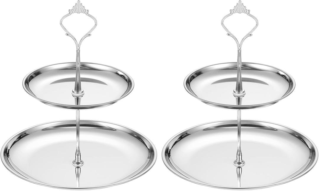 uxcell 2 Sets 2-Tier Cupcake Stand Holder, Round Tiered Serving Tray Stainless Steel Cup Cake Stand for Dessert Fruit Table Birthday Party Decoration Display, Silver