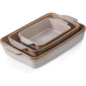 HVH 9x13 Baking Dish Set, Large Casserole Dishes for Oven, Ceramic Bakeware Set of 3, Rectangular Lasagne Pan Deep for Baking (Sand Color)