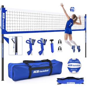 Haokelball Outdoor Volleyball Net Set for Backyard, 32FT Regulation, 3-Level Adjustable Height & Anti-Sag Tension System, Heavy Duty Thick Poles, Includes Volleyball, Pump, Boundary Line and Carry Bag