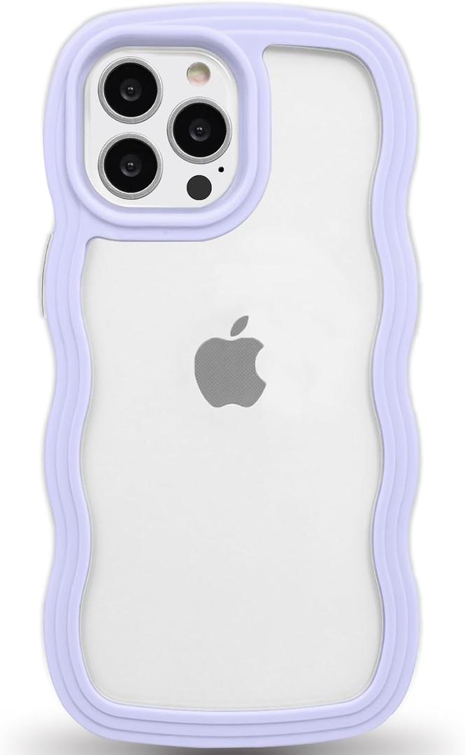 Anuck for iPhone 13 Pro Case Wavy Edge Clear Back Design, Anti-Slip Grip Cute Wave Curly Frame Shape Shockproof Soft TPU & Hard Bumper Protective Phone Case Cover for Women Girls, Purple 2 pack