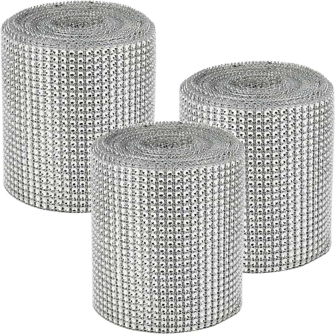SOUJAP 3 Rolls 10 Yards 24 Row Acrylic Rhinestone Ribbon, 4.7 inch Silver Diamond Mesh, Bling Wrap for DIY Crafting Making Decorations Party