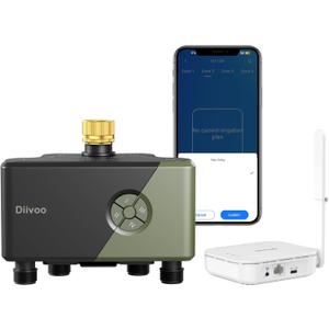 Diivoo WiFi Water Timer for Garden Hose, 4 Zone Smart Sprinkler Timer with Brass Inlet, Ethernet & 2.4GHz WiFi Connection, Compatible with Alexa/Google, 24 Irrigation Plans & Rain Delay Mode for Lawns