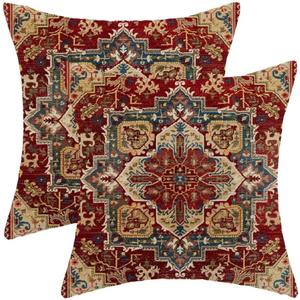 BETGINY Boho Pillow Covers 18 x 18 Inch Pack of 2, Burgundy Red Bohemian Rug Carpet Pattern Decorative Throw Pillow Cases Outdoor Linen Farmhouse Cushion Cover for Bedroom Home Sofa Decor