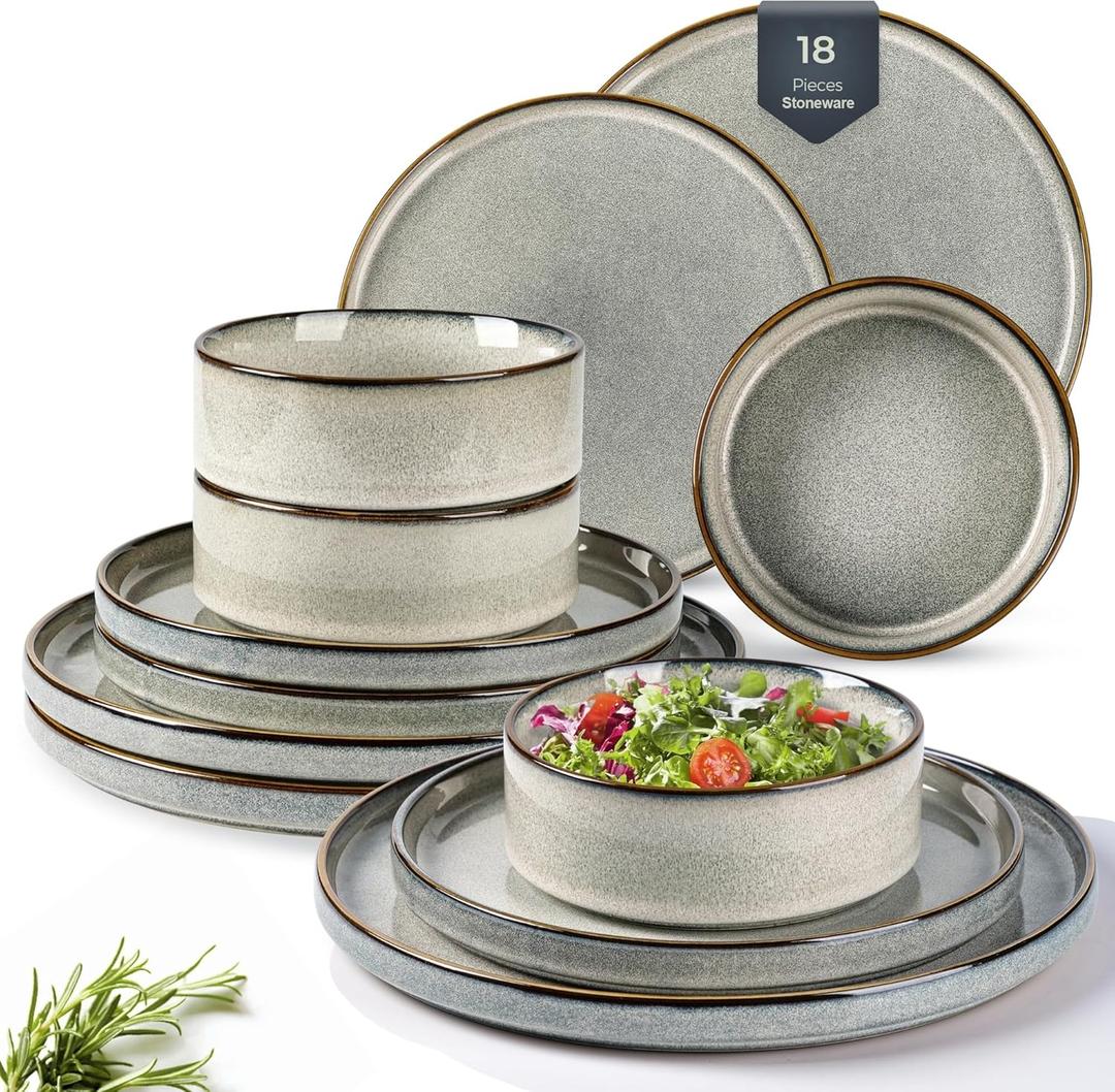 GBHOME Ceramic Dinnerware Sets for 6, 18 Pieces Stoneware Plates and Bowls Sets, Reactive Glaze Stackable Dish Set -Scratch Resistant, Dishwasher & Microwave Safe (Green Wheat)