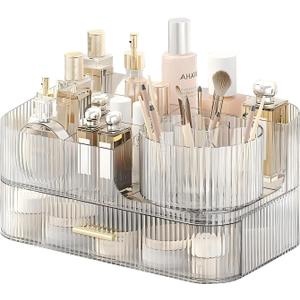 DASITON Makeup Organizer with Drawers and Rotating Makeup Brush Holder,Large Capacity Stackable Cosmetic Organizer Countertop,Bathroom Organizers and Storage,Make up Organizers for Vanity (Clear 02) (1 Tray + 1 Drawer)