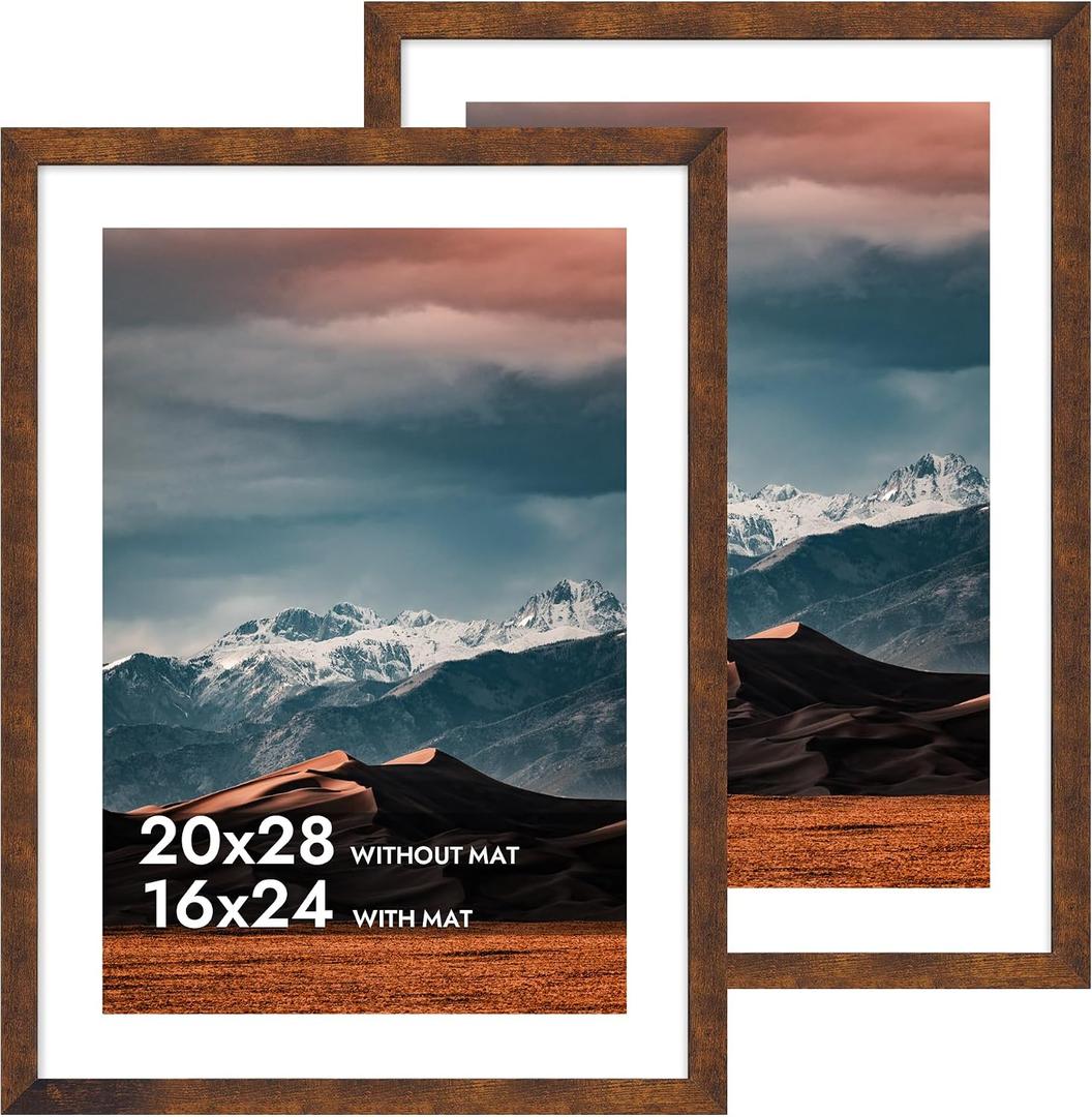 iRahmen 20x28 Poster Frame with 16x24 Mat - Plexiglass Wooden Picture Frames for Photo Wall Gallery Mounting (Dark Brown, Set of 2)