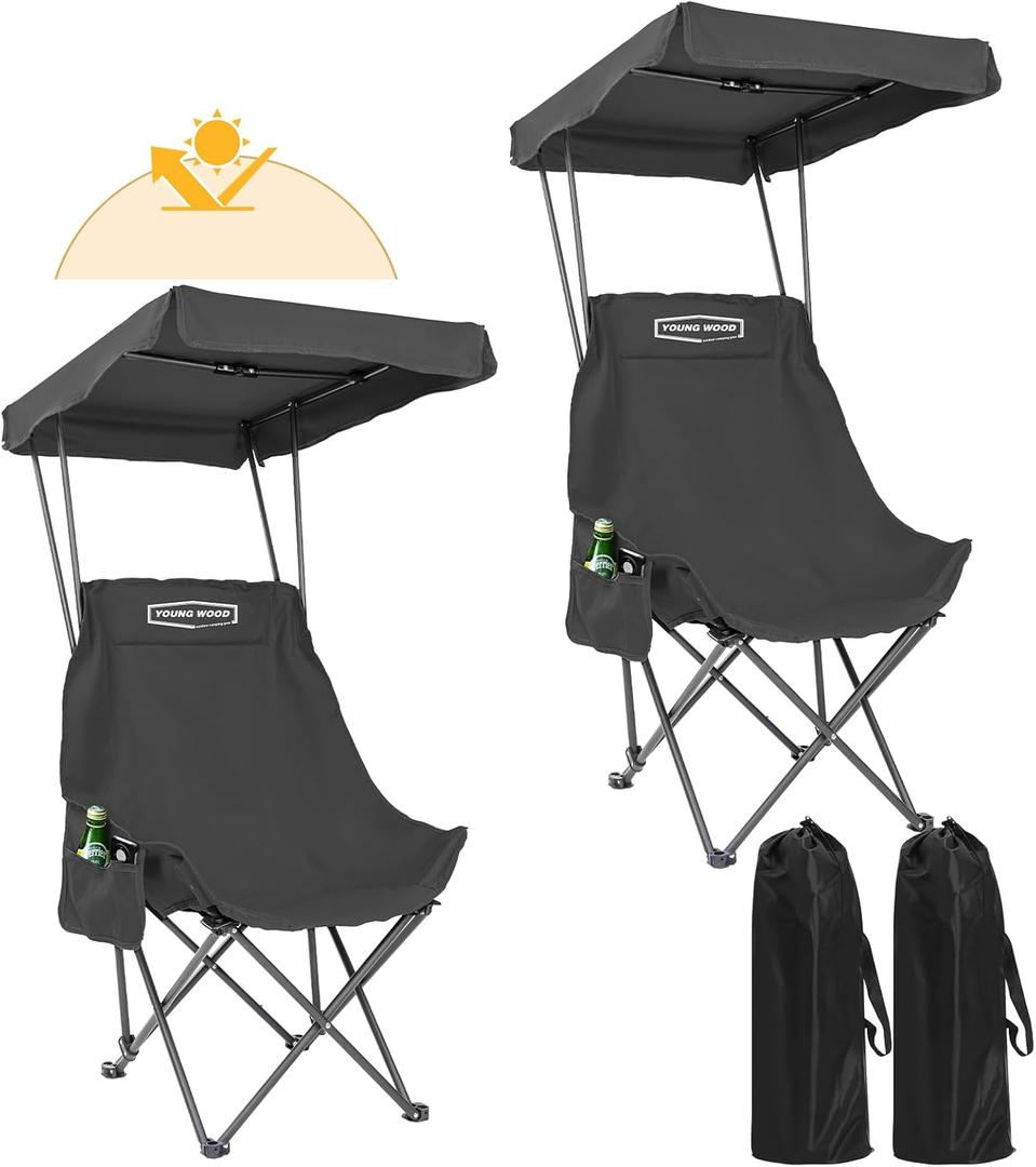 YOUNG WOOD Portable Camping Chair Beach Chair with Shade Canopy, Fold Lightweight Oversized for All, Easy to Open, Close Without Installation, Side Pocket Design for All Outdoor Activities, Black, 2pack