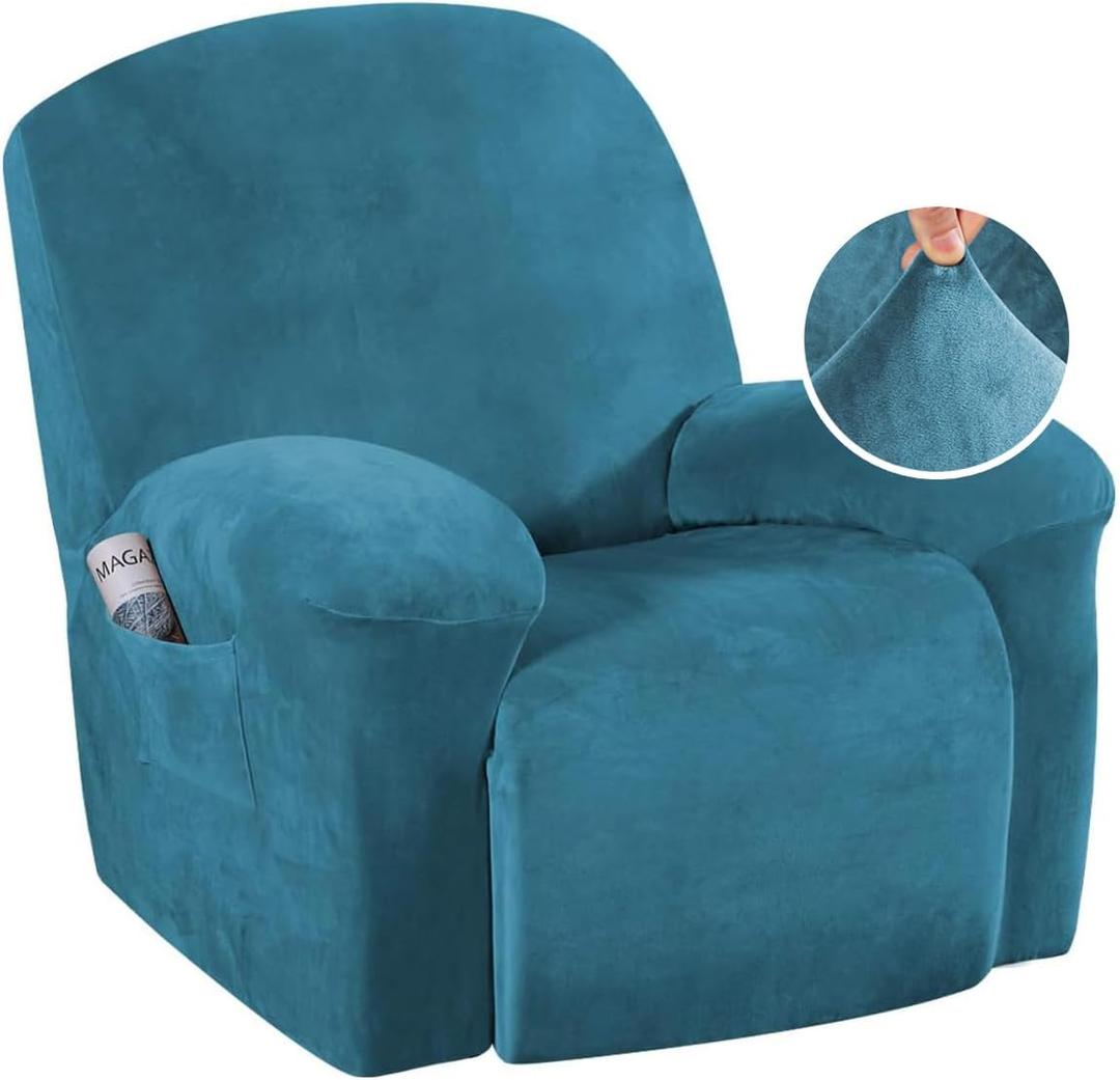 H.VERSAILTEX 1 Piece Recliner Cover Velvet Plush Recliner Slip Covers for Recliner Chair Recliner Slip Covers with Elastic Bottom Feature Thick Luxury and Soft Velvet Plush Fabric, Peacock Blue