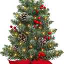 22 Inch Tabletop Christmas Tree with Lights Timer, Snowy Artificial Small Christmas Trees Battery Operated 30 Warm Lights Red Berries Pine Cone Stable Base Mini Tree Xmas Decorations Indoor Holiday