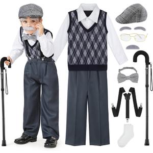 FancyFun 9 Pcs 100 Days of School Costume for Boys Old Man Costume for Kids Grandpa Dress Up Outfits Set, 8-10Years