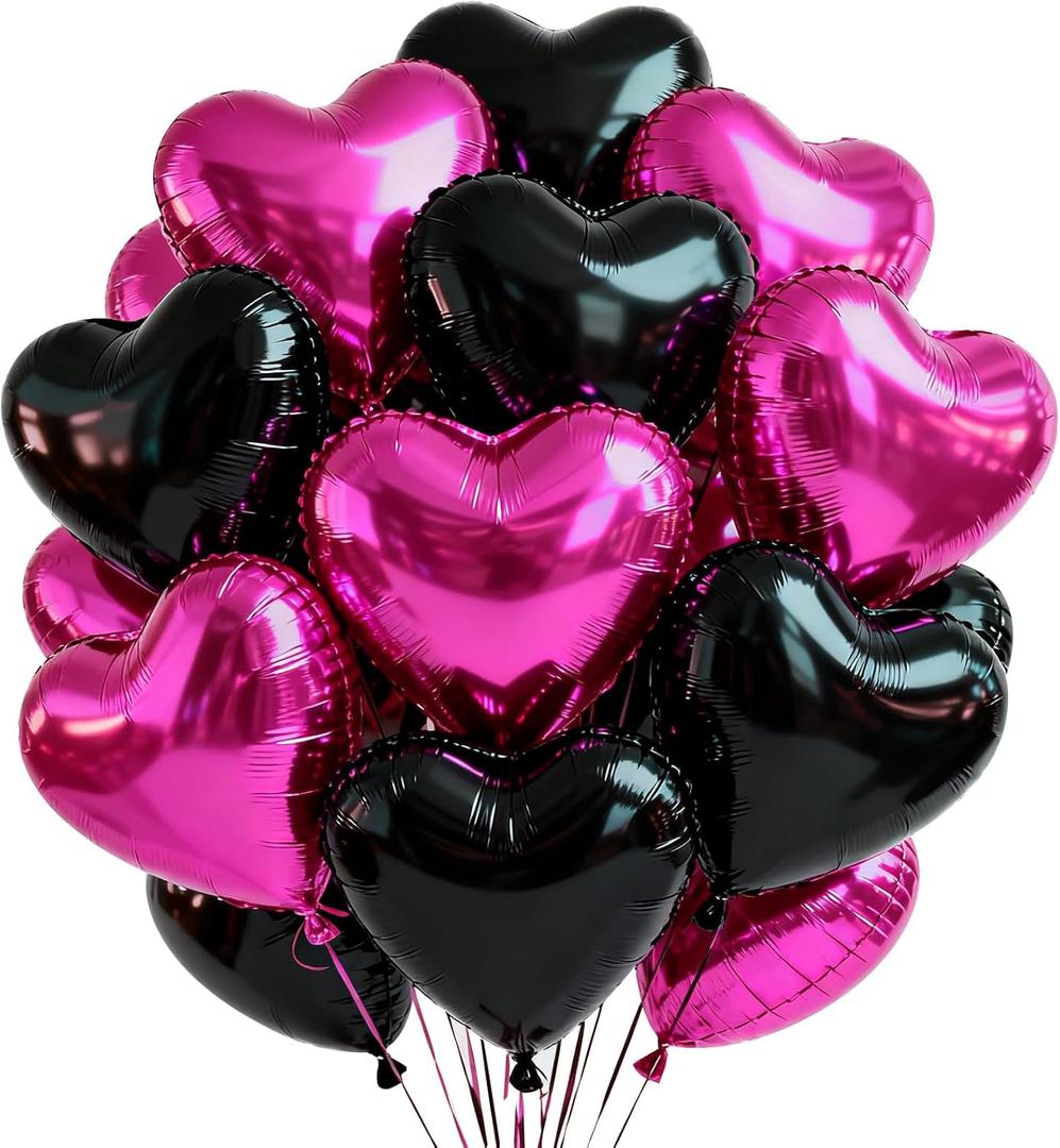 TONIFUL 30Pcs 18 Inch Black Hot Pink Balloons Black Rose Pink Heart Shape Foil Mylar Banners Decoration for Birthday Valentine's Day Wedding Bridal Shower Anniversary Engagement Party Supplies