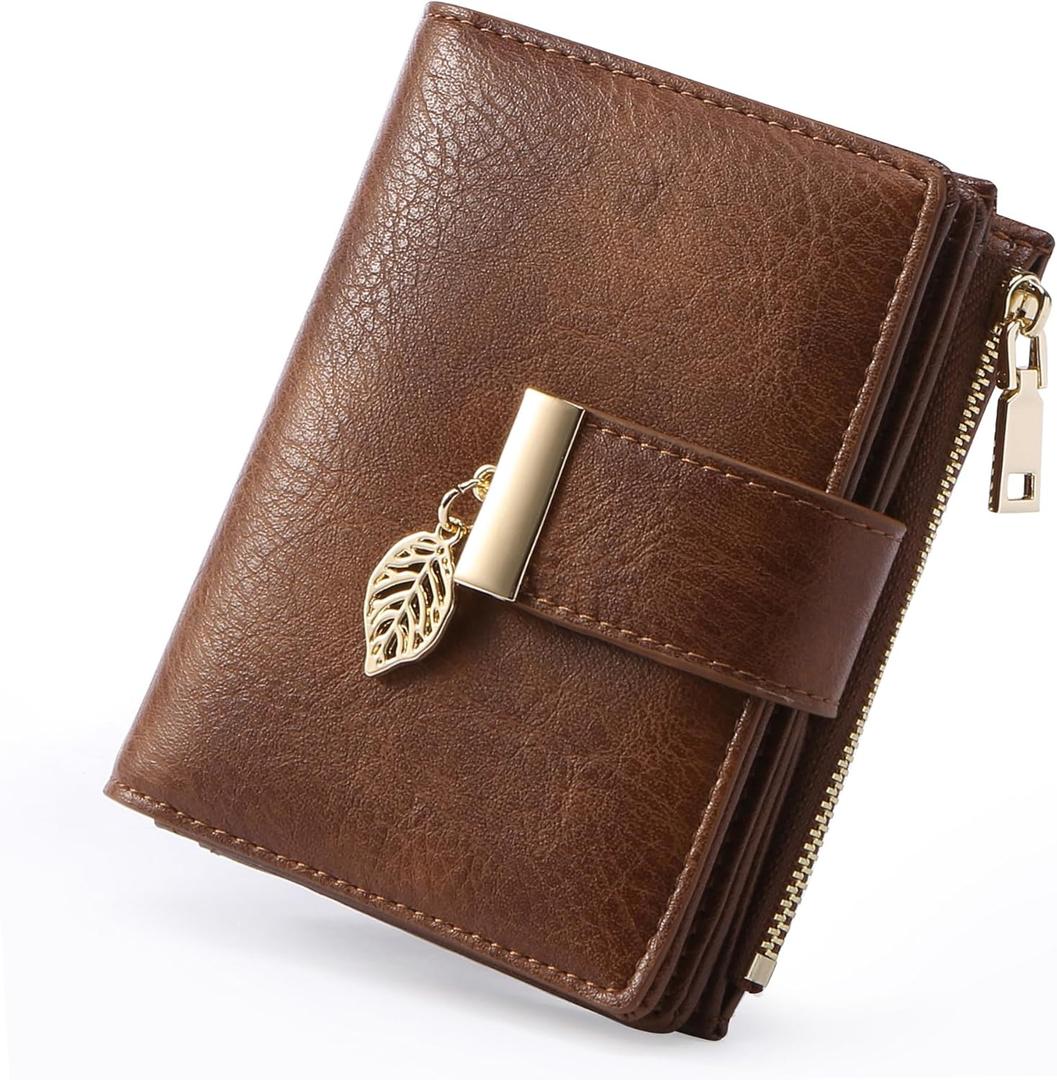 Small Wallet Women RFID Blocking Leather Bifold Wallet Credit Card Holder for Women Ladies Compact Wallet Mini Purse With Zipper Pocket (Brown)