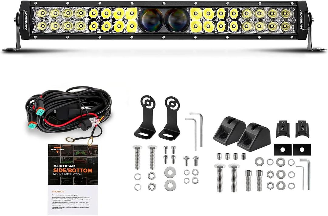 Auxbeam 22 Inch Led Light Bar 180W 22000LM 5D Pro Lens Off Road Driving Lights Spot Flood Combo Fog Light 10FT Wiring Harness Kit (Professional Grade Outdoor Lighting Source P8 LED)