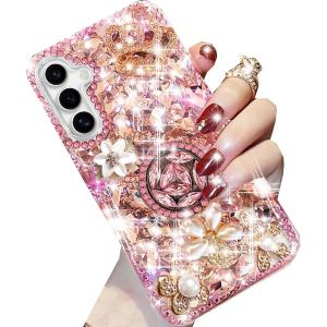 Changjia for Samsung Galaxy S25 Glitter Case with Ring Holder,Cute Luxury 3D Crown Bling Sparkle Crystal Rhinestones Flowers Diamond Pearl Stunning Gemstones Women Girls Case for Galaxy S25 6.2",Pink