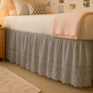 Twin XL Dorm Room Bed Skirt 36'' Drop Extra Long Dust Ruffled Bedskirt with Embroidered Details for College Dorm Bedrooms Hotels Guest Rooms, Gray