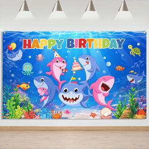 Mocsicka Shark Birthday Backdrop - Cartoon Shark Banner Background for Kids Birthday Decorations, Under The Sea Theme Party Supplies