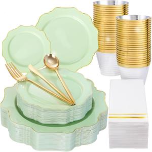 WDF 175Pcs Sage Green Plastic Plates With Gold Rim - Disposable Sage Green Plates 25guest Disposable Dinnerware Ideal for Party/Wedding/Spring Party/First Communion