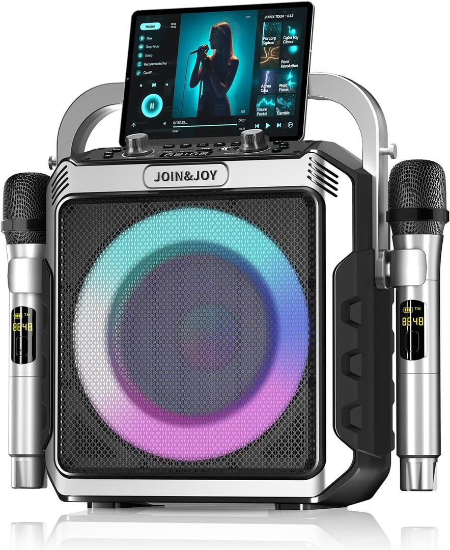 Portable Karaoke Machine, with Wireless Microphones, Bluetooth Party Speaker with LED Lights, Loud Subwoofer, USB/AUX, Outdoor Karaoke Speaker for Adults & Kids, Home & Party (Silver)