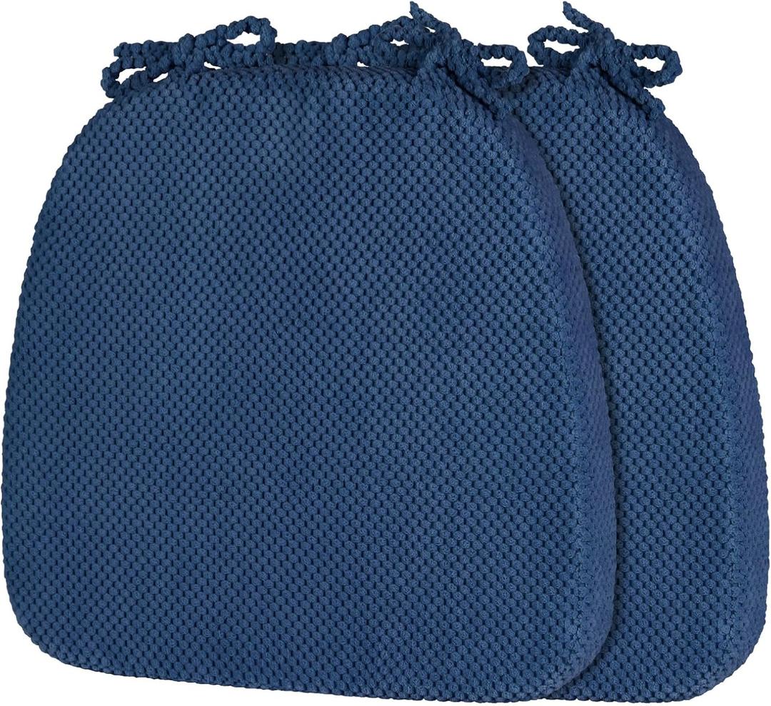 2 Pack Navy Blue Chair Cushions with Ties Removable Covers, D-Shape Dining Kitchen Chair Seat Pads Non Slip 17"x16"