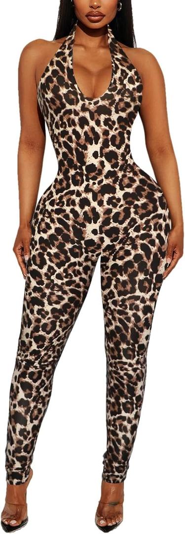 Women's Halter Bodycon Black Jumpsuits - One Piece Backless Leopard Summer Casual Workout Club Pants Rompers Outfits Catsuits (XL)