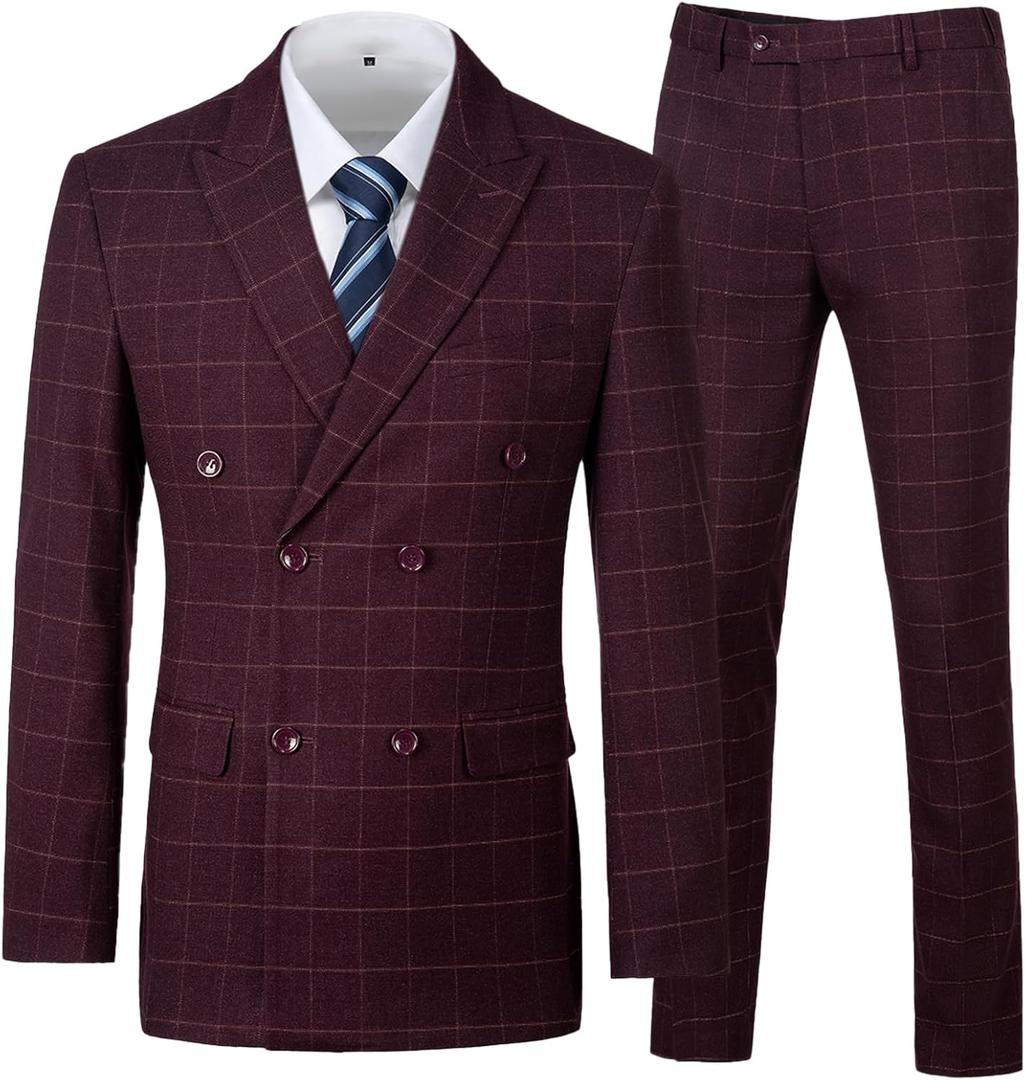 Mens Suits Slim Fit 3 Piece Double Breasted Tuxedo Suit Jacket Vest Pants Set for Wedding Prom (Medium, Burgundy Plaid)