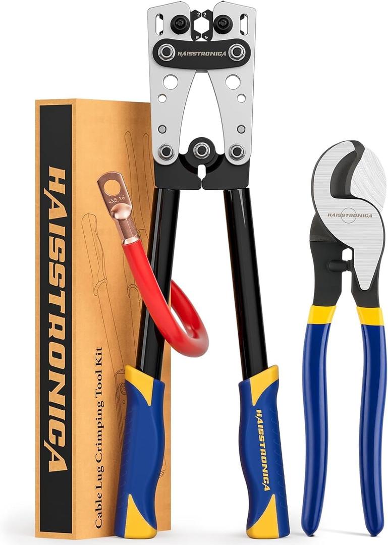 haisstronica Heavy Duty Battery Cable Crimping Tool Kit-Ratchet Hex Extended Handle Crimper for 8,6,4,2,1,1/0 AWG Copper Lugs with Cable Cutter