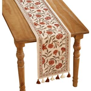 ISAENNE Designer Elegant Linen Table Runner 118 Inches Extra Long,Vintage Orange Floral Pattern Table Runners for Dining Tables,Kitchen Decor,Thanksgiving,Christmas,Banquet,12"*118"-Alvarado A