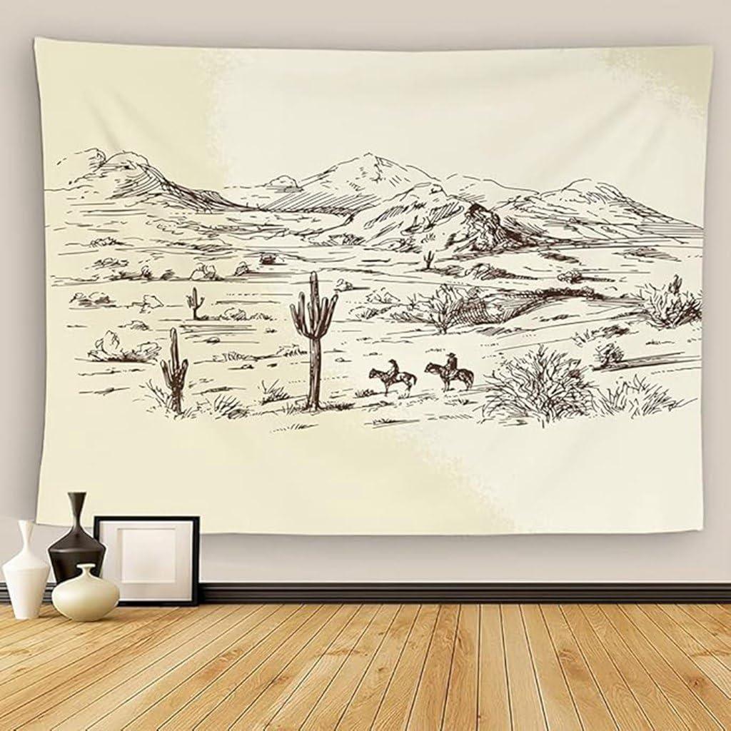 Western American Wild West Desert Cowboys Sketch Landscape Tapestry Wall Decor - Bedroom and Living Room Wall Art - 60x80 Inch
