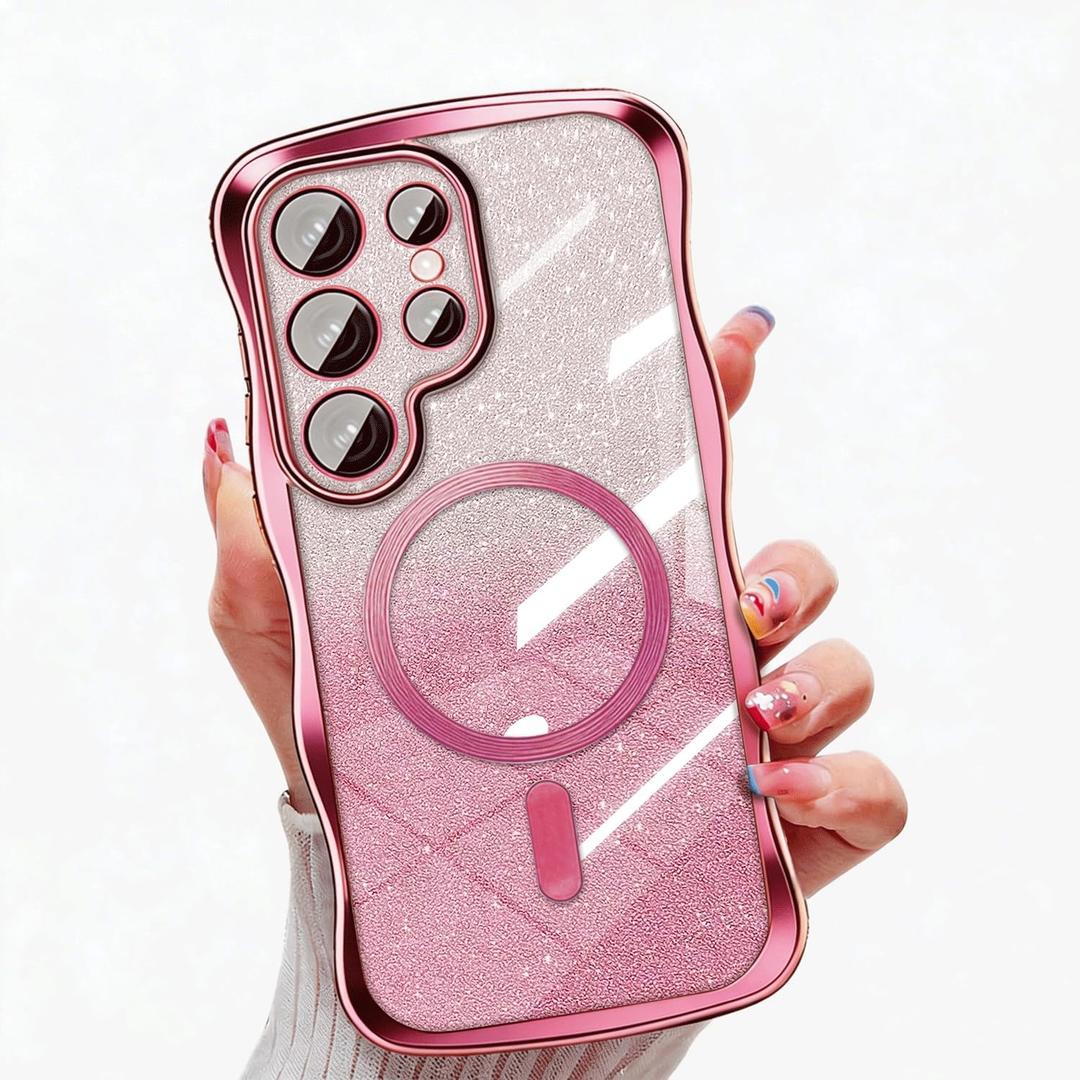 Misscase for Samsung Galaxy S26 Ultra with Magnetic Case 6.9", Compatible with MagSafe, Built-in Camera Lens Protector Full Protection,Soft TPU Cute Wavy Glitter Slim Border Phone Cover Rose Gold
