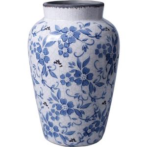 Decorative 10 inch Ceramic Flower Vase, Blue and White Floral Pattern, Crackle Glaze Finish