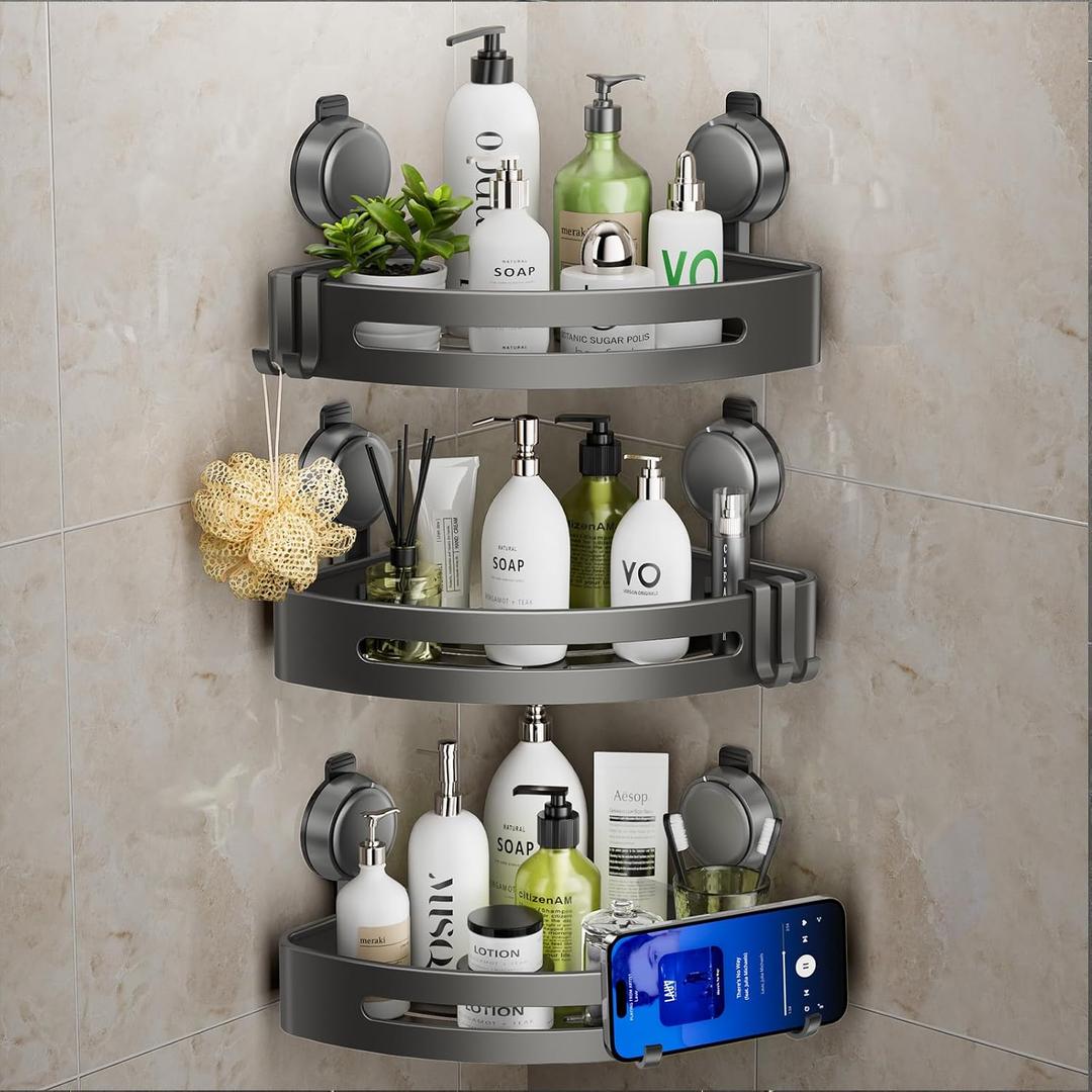 ONXE Shower Caddy Corner,Suction Cup Shower Caddy with Hooks,No Drilling Rustproof Aluminum Bathroom Organizers and Storage,Shelves for Bathroom Accessories Decor (3), 11.4 inches x 8.5 inches x 2 inches