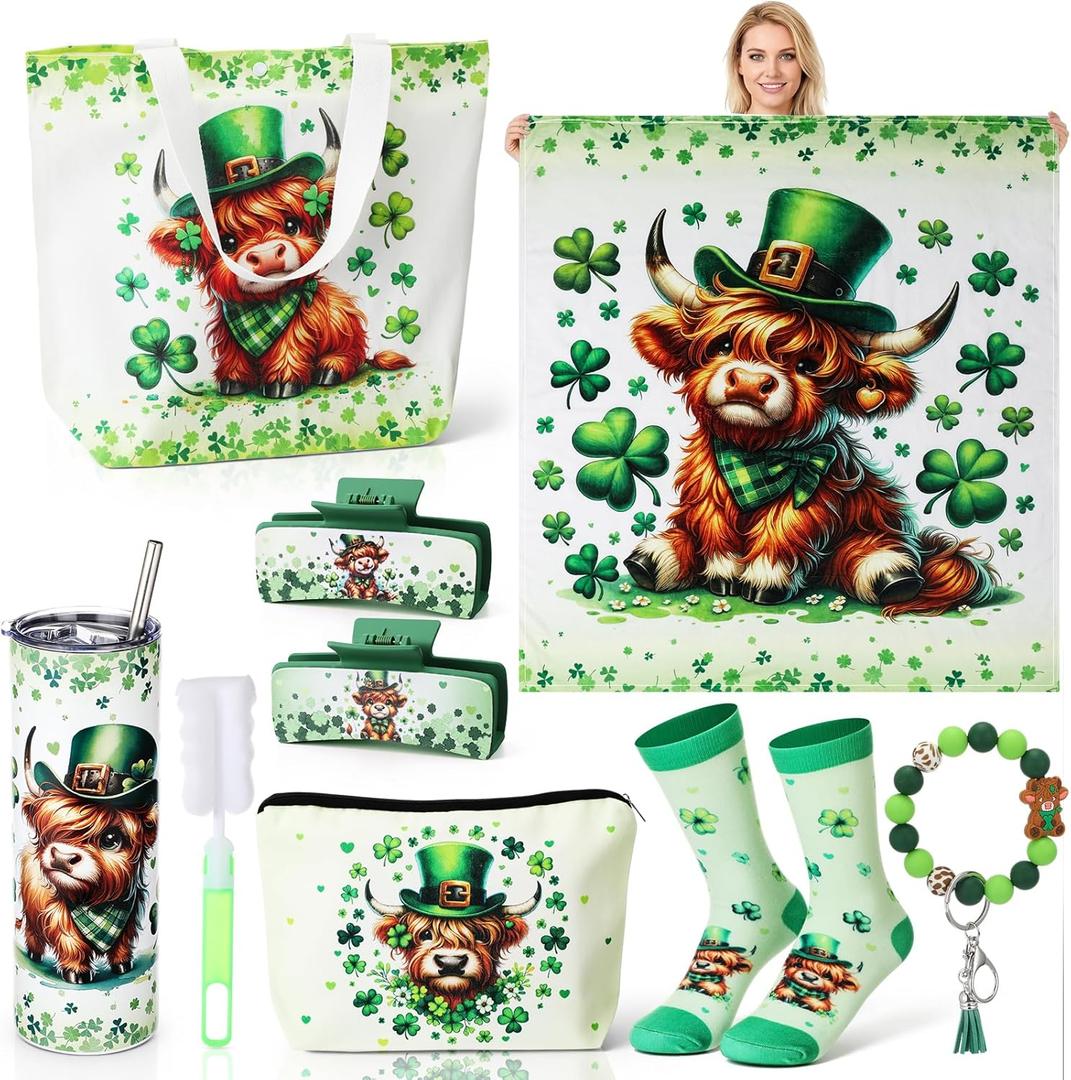 FoldTier 8 Pcs St. Patrick's Day Highland Cow Gifts for Women Irish Highland Cow Stuff with 20oz Tumbler Blanket Canvas Tote Bag Makeup Bag Socks Keychain Hair Claw Gift for Coworker Friend Lover
