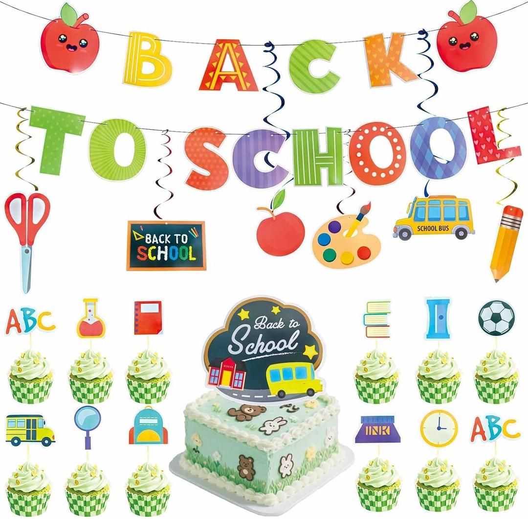 33 Pcs Back to School Decorations Banners Teacher School Supplies First Day of School Cupcake Toppers Hanging Swirls Classroom Party Decor Welcome Back Bulletin Board & Door Decorations
